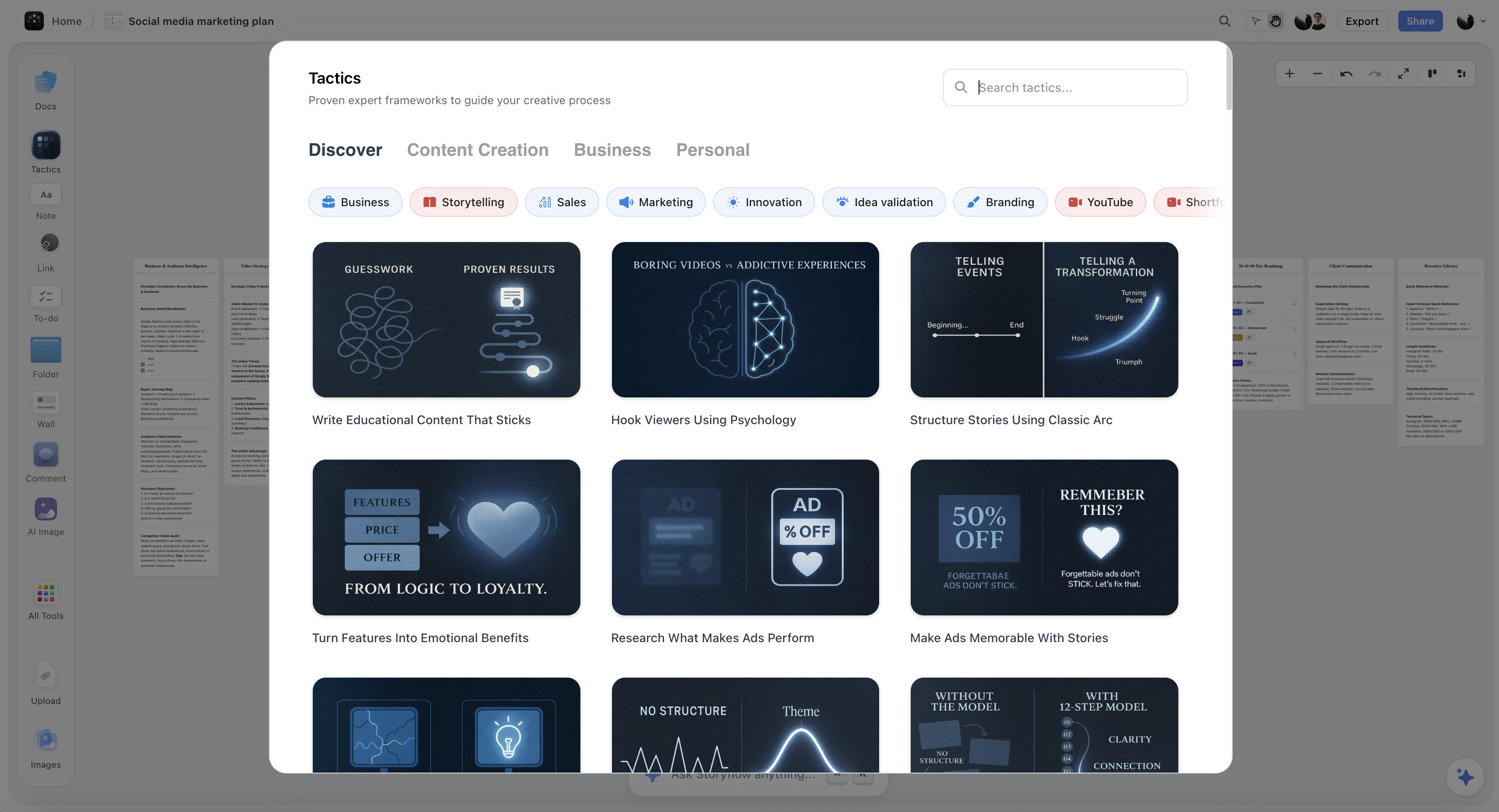 Storyflow Tactics panel showing available expert frameworks